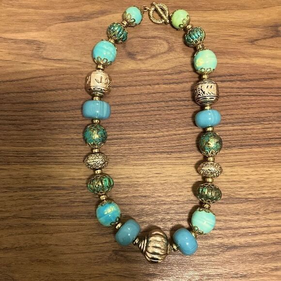 Jewelry - Vintage Necklace with Aqua glass beads and gold tone metal with Toggle Catch.